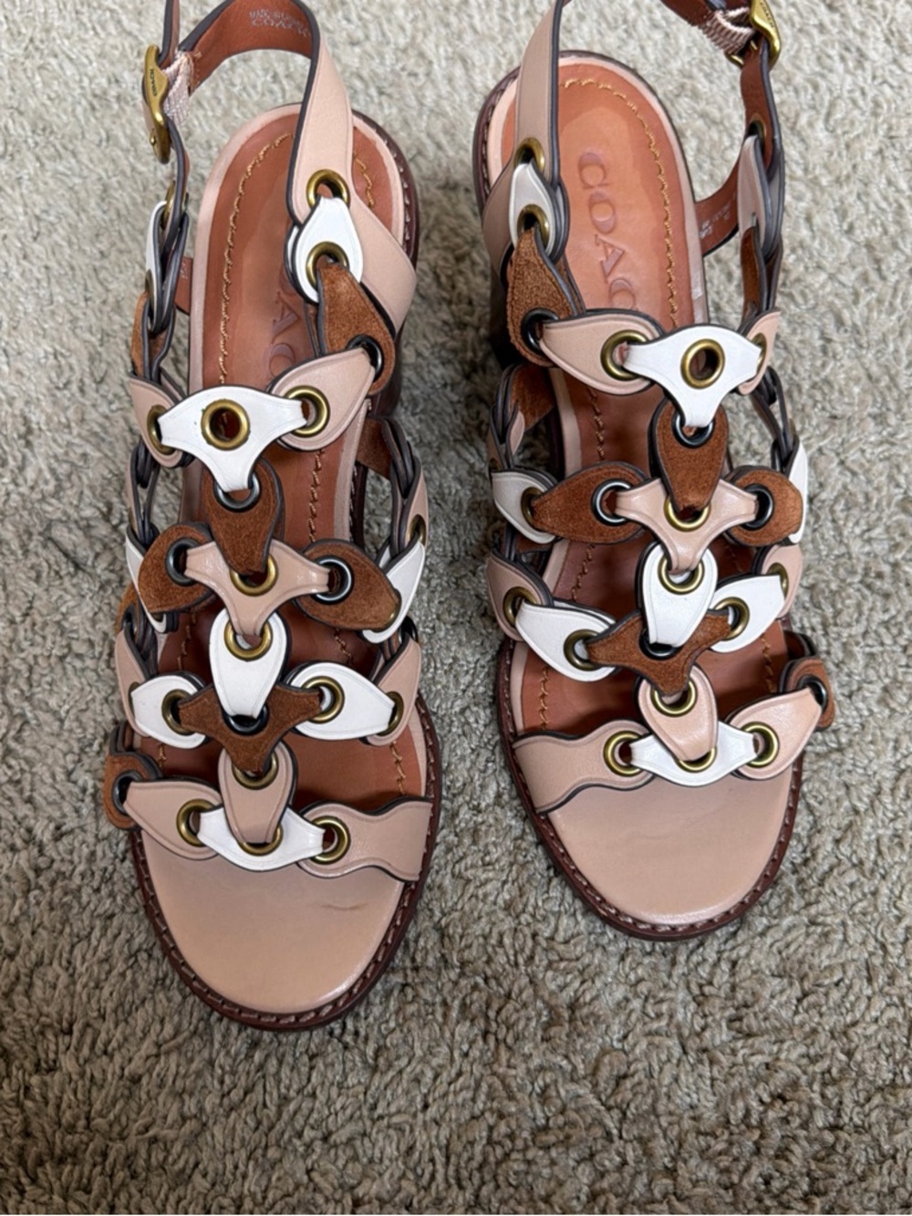 Coach Pink and Brown Leather Floral-Link Slingback Sandals - Picture 2 of 7